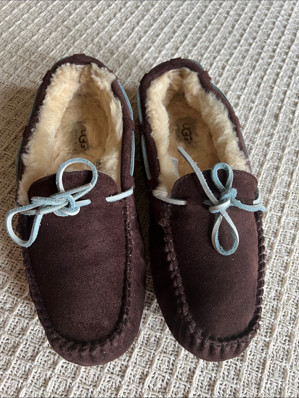 UGG Dark Brown Suede Moccasin Slippers with Light Blue Laces